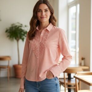 Ralph Lauren Ruffle Shirt Women Sz 14 Button UP Long Sleeve Orange White Striped